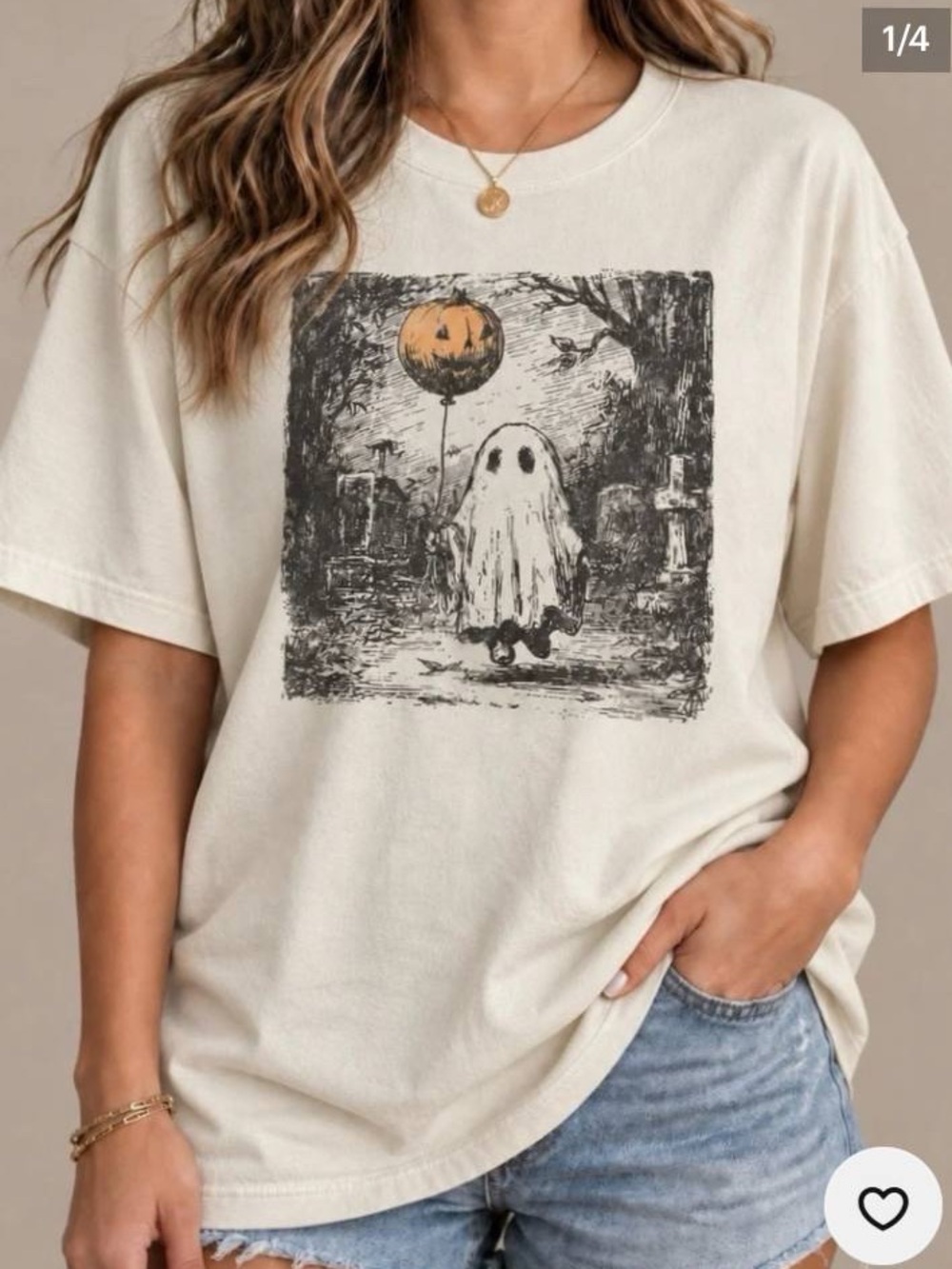 Vintage Fun Halloween Ghost Graphic Tee in Cream